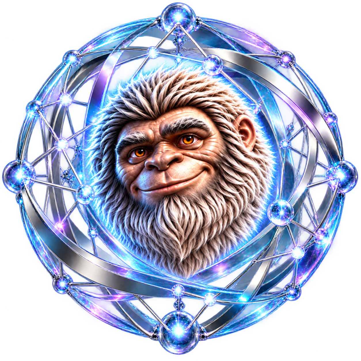 Персонаж YETI³ в светящейся цифровой сфере
